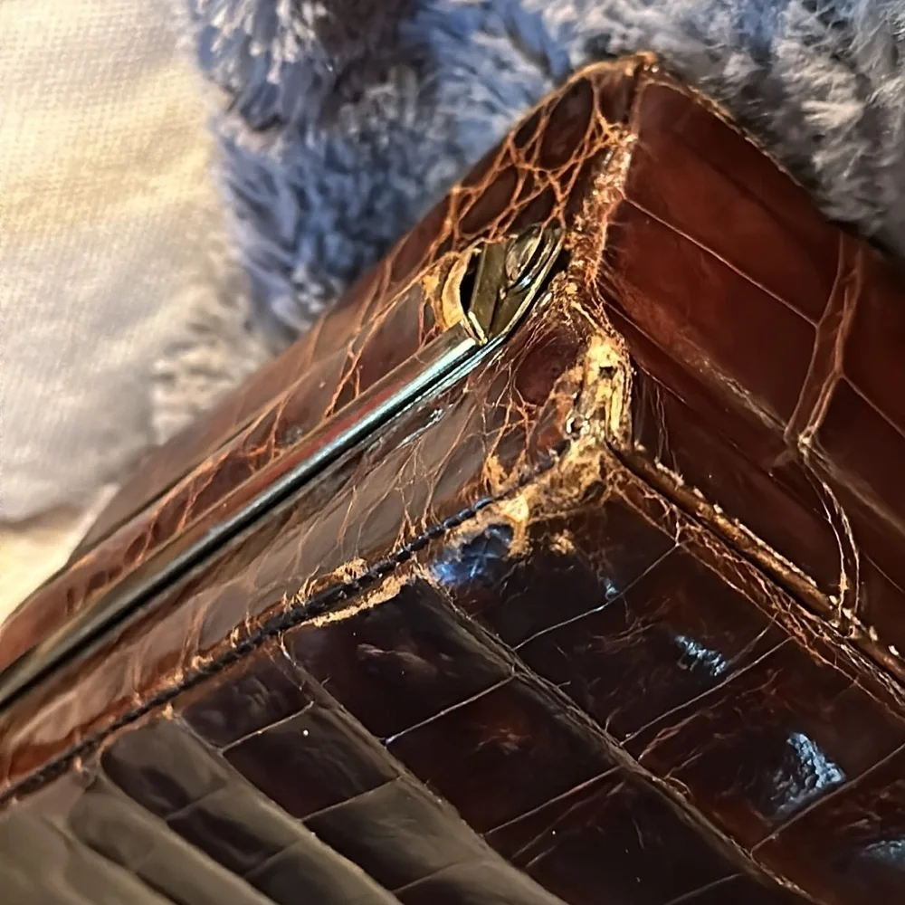 Very Authentic Crocodile Satchel Purse with Antique Gold Color Clasp & Hardware